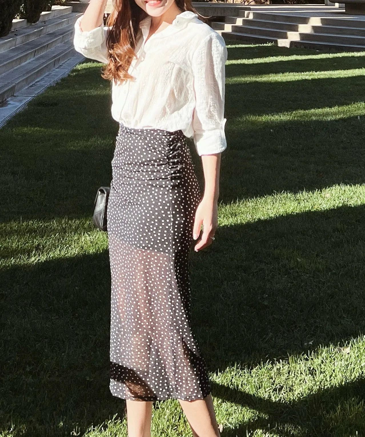Ruched Mesh Midi Skirt