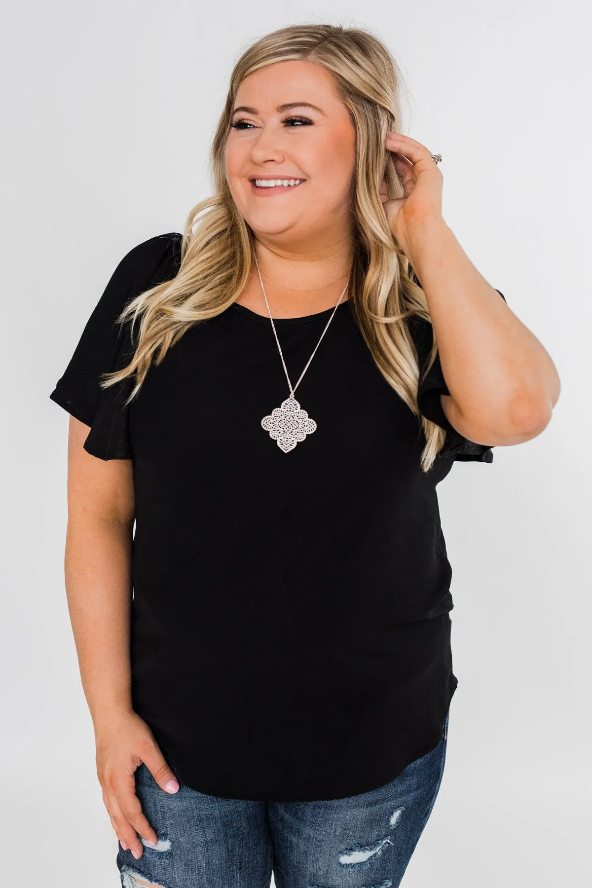 Ruffle Sleeve Keyhole Back Top- Black