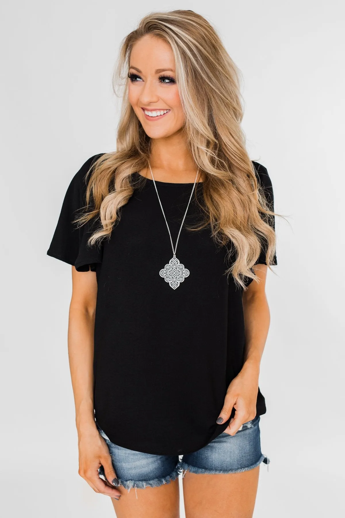 Ruffle Sleeve Keyhole Back Top- Black