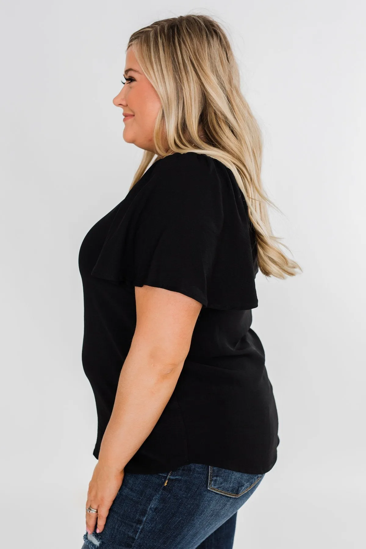 Ruffle Sleeve Keyhole Back Top- Black