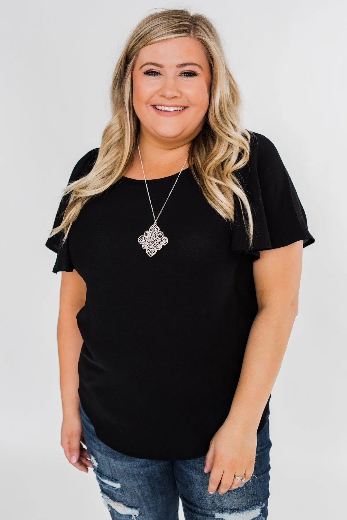 Ruffle Sleeve Keyhole Back Top- Black