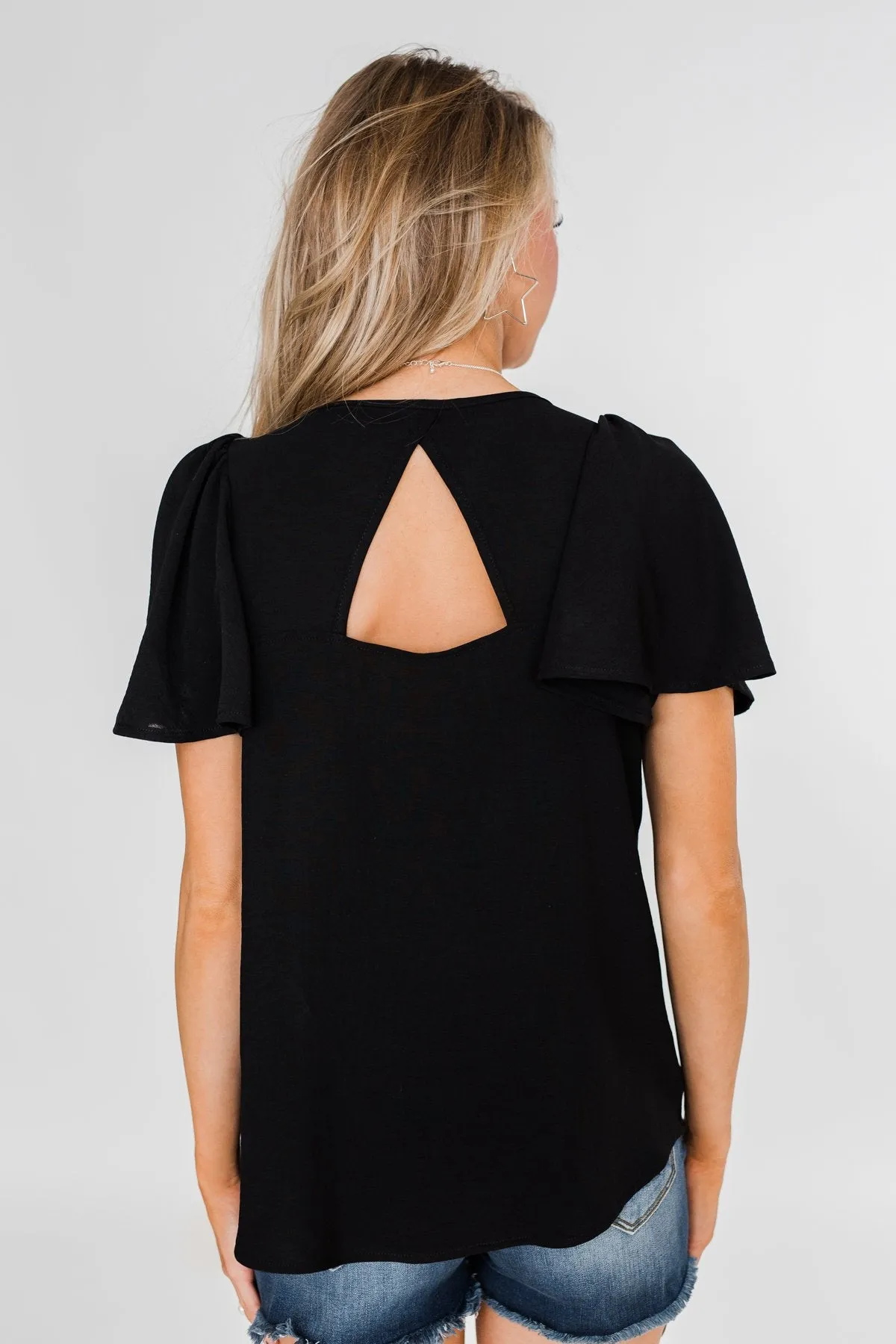 Ruffle Sleeve Keyhole Back Top- Black