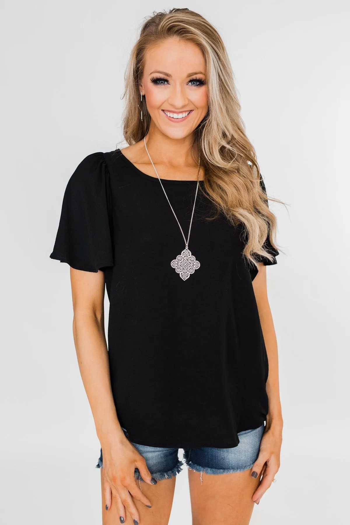 Ruffle Sleeve Keyhole Back Top- Black
