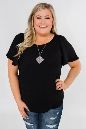 Ruffle Sleeve Keyhole Back Top- Black