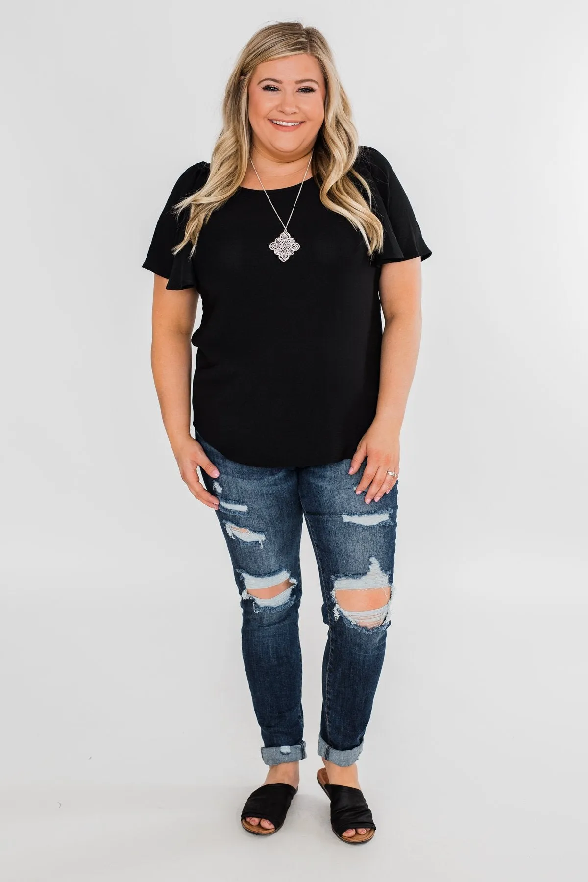 Ruffle Sleeve Keyhole Back Top- Black