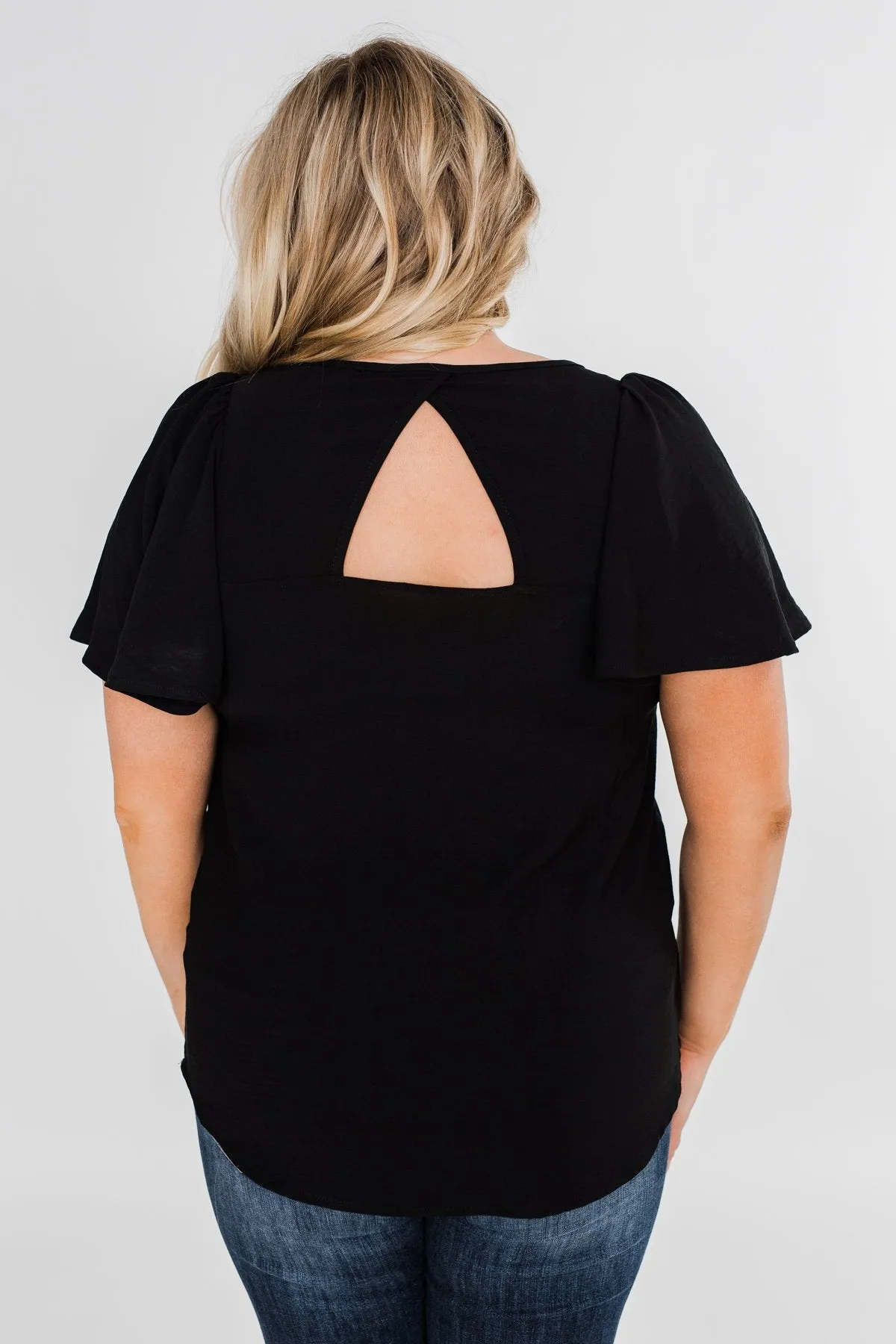 Ruffle Sleeve Keyhole Back Top- Black