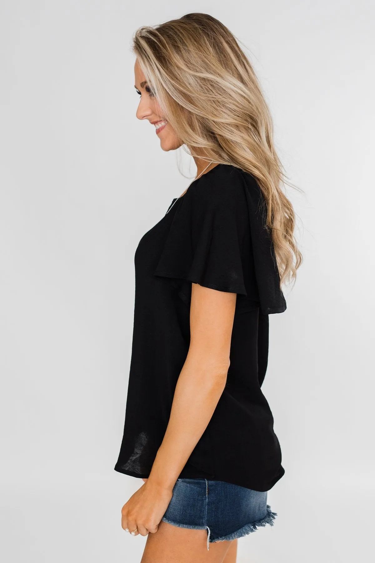 Ruffle Sleeve Keyhole Back Top- Black