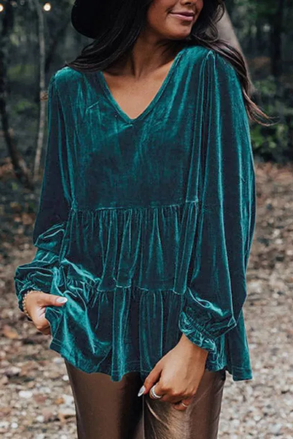 Sea Green Velvet V Neck Puff Sleeve Peplum Blouse