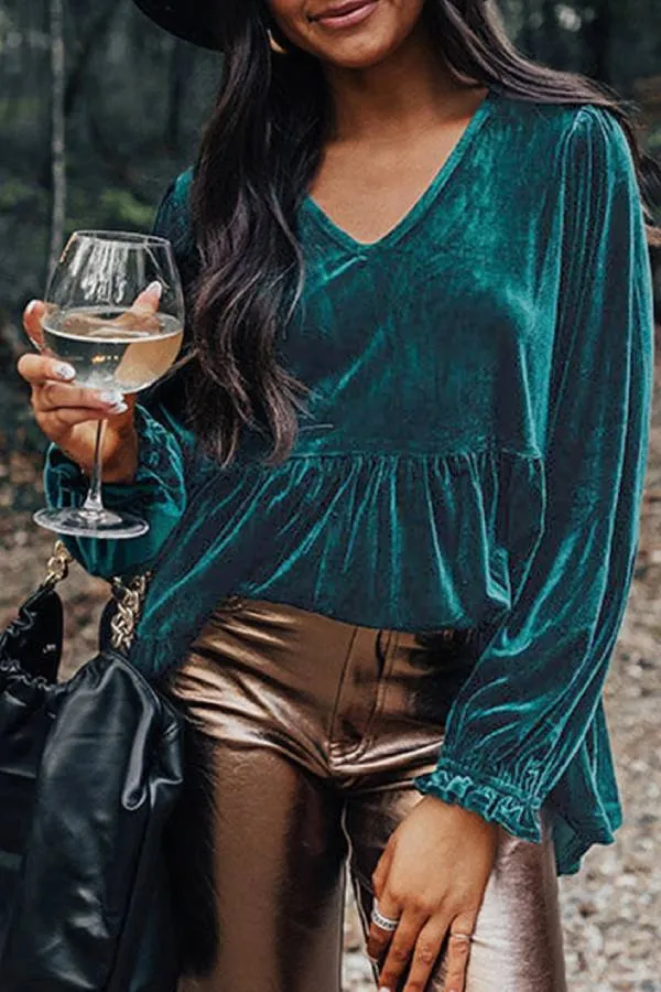 Sea Green Velvet V Neck Puff Sleeve Peplum Blouse
