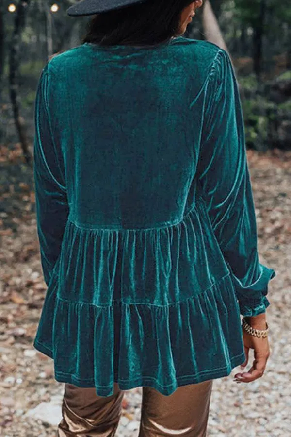 Sea Green Velvet V Neck Puff Sleeve Peplum Blouse