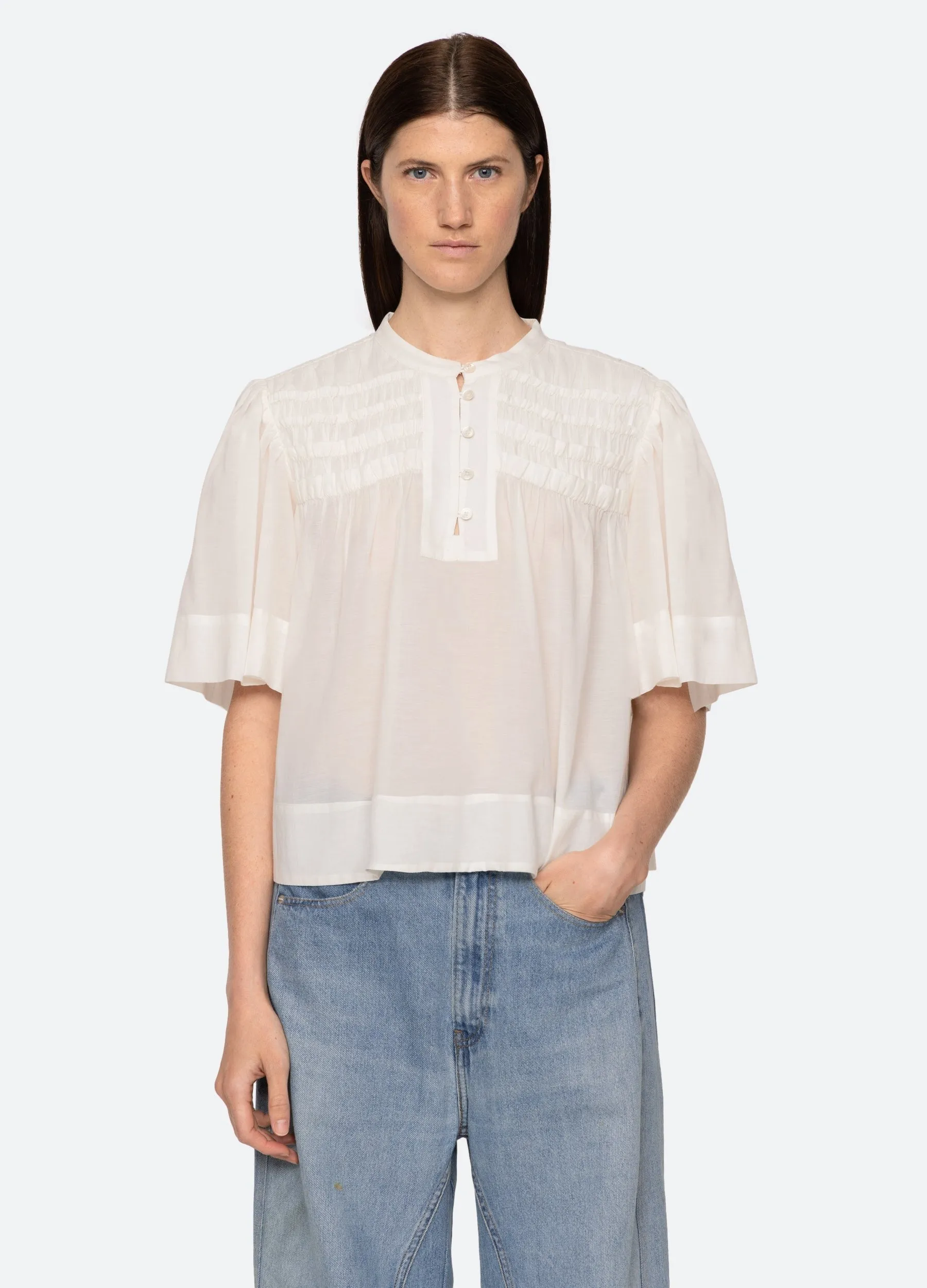 Sea Nomi Solid Short Sleeve Top in Cream