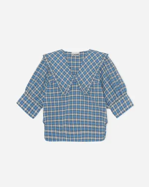 Seersucker Check V-neck Ruffle Blouse - Check Azure Blue