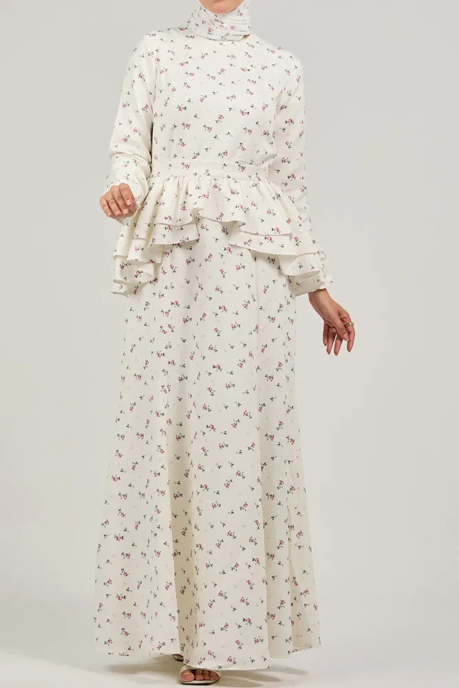 Serene Delicate Floral Crepe Polyester Maxi Dress with Layered Peplum