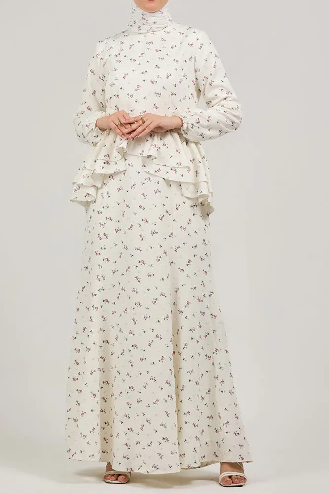 Serene Delicate Floral Crepe Polyester Maxi Dress with Layered Peplum