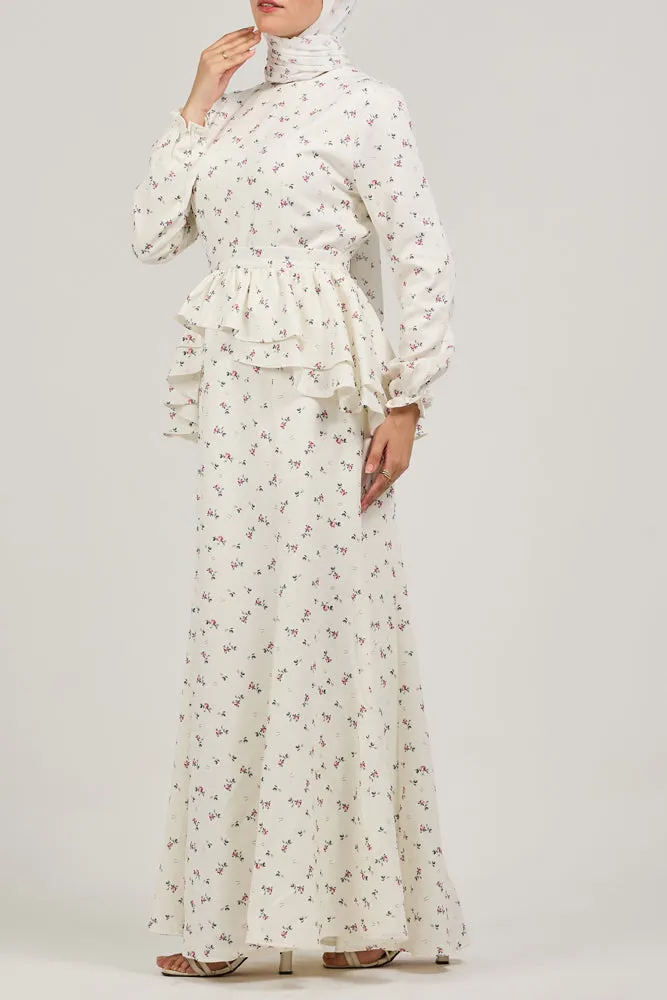 Serene Delicate Floral Crepe Polyester Maxi Dress with Layered Peplum