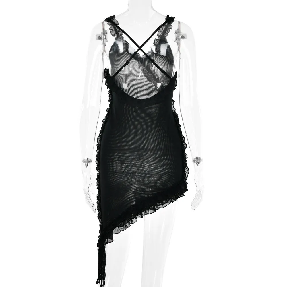 Sexy Backless Stitching Lotus Leaf Dress
