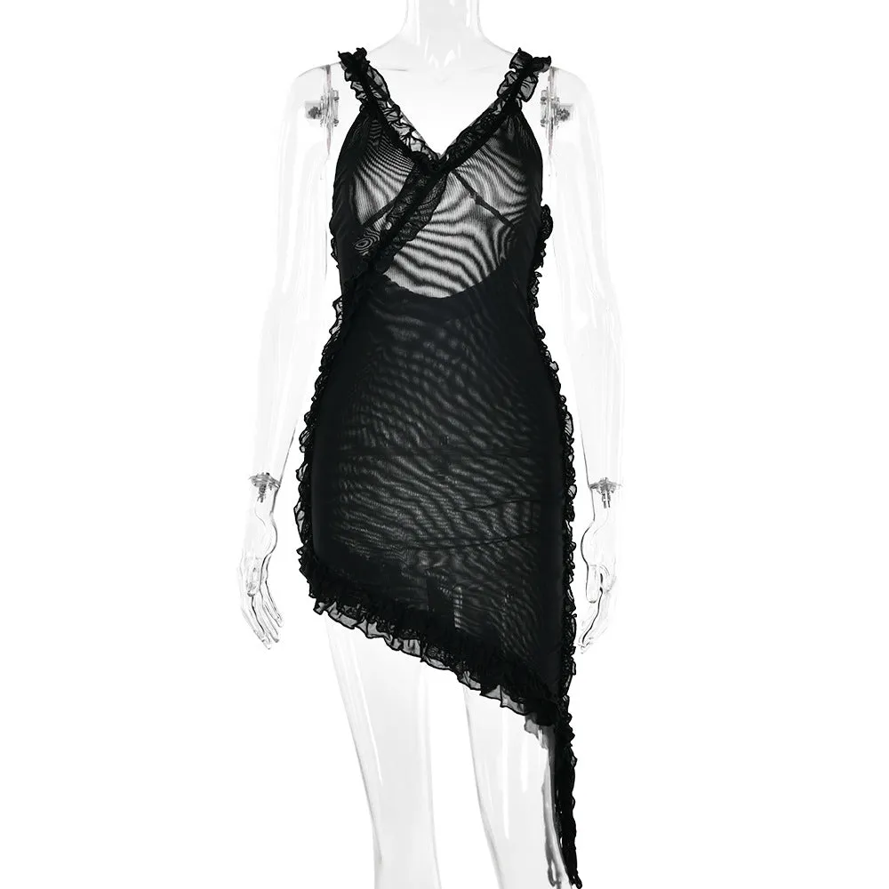 Sexy Backless Stitching Lotus Leaf Dress
