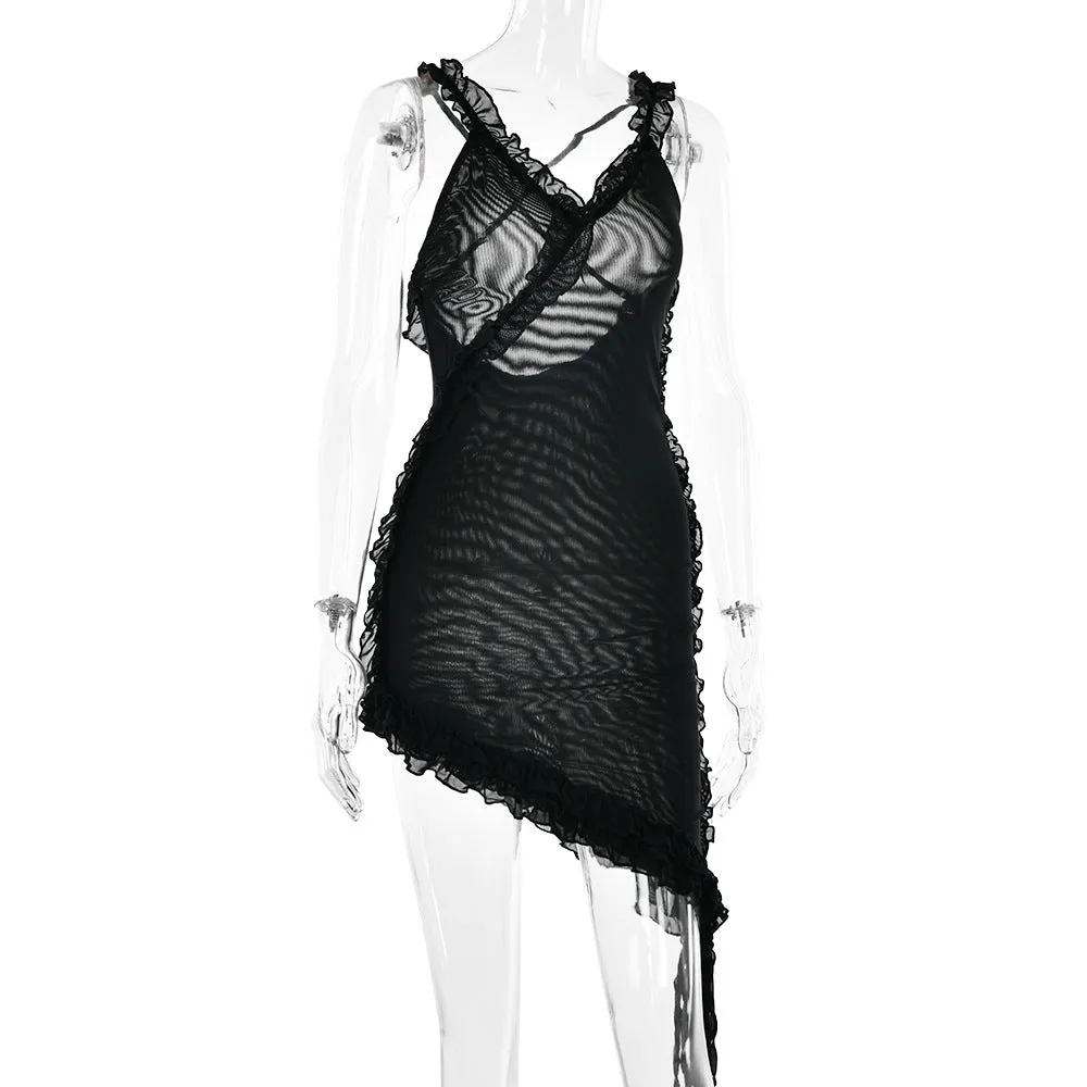 Sexy Backless Stitching Lotus Leaf Dress