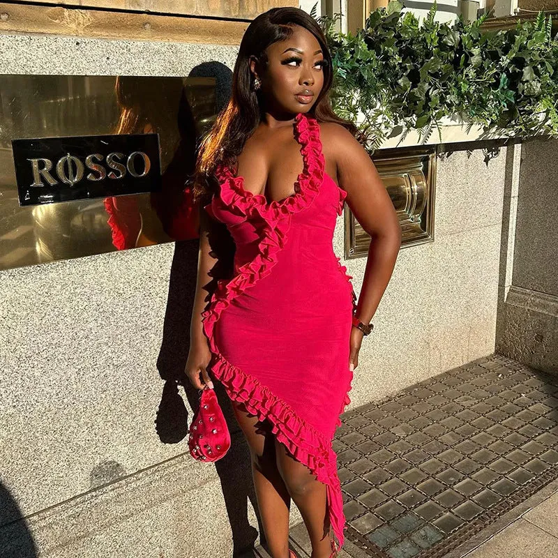 Sexy Backless Stitching Lotus Leaf Dress