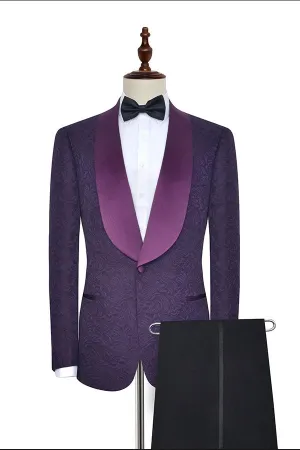 Sharp-looking Dark Purple One Button Wedding Tuxedos Silk Shawl Lapel Jacquard Marriage Suits