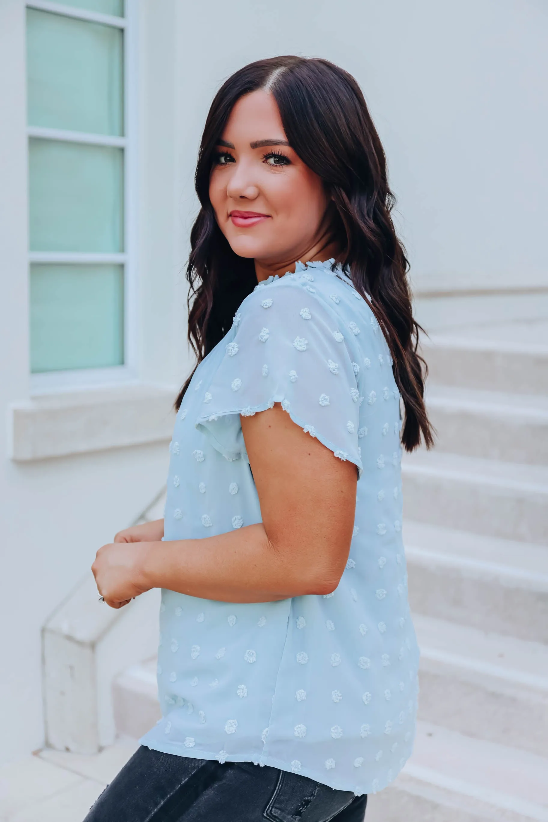 Shaylynn Swiss Dot Chiffon Blouse - Blue- FINAL SALE