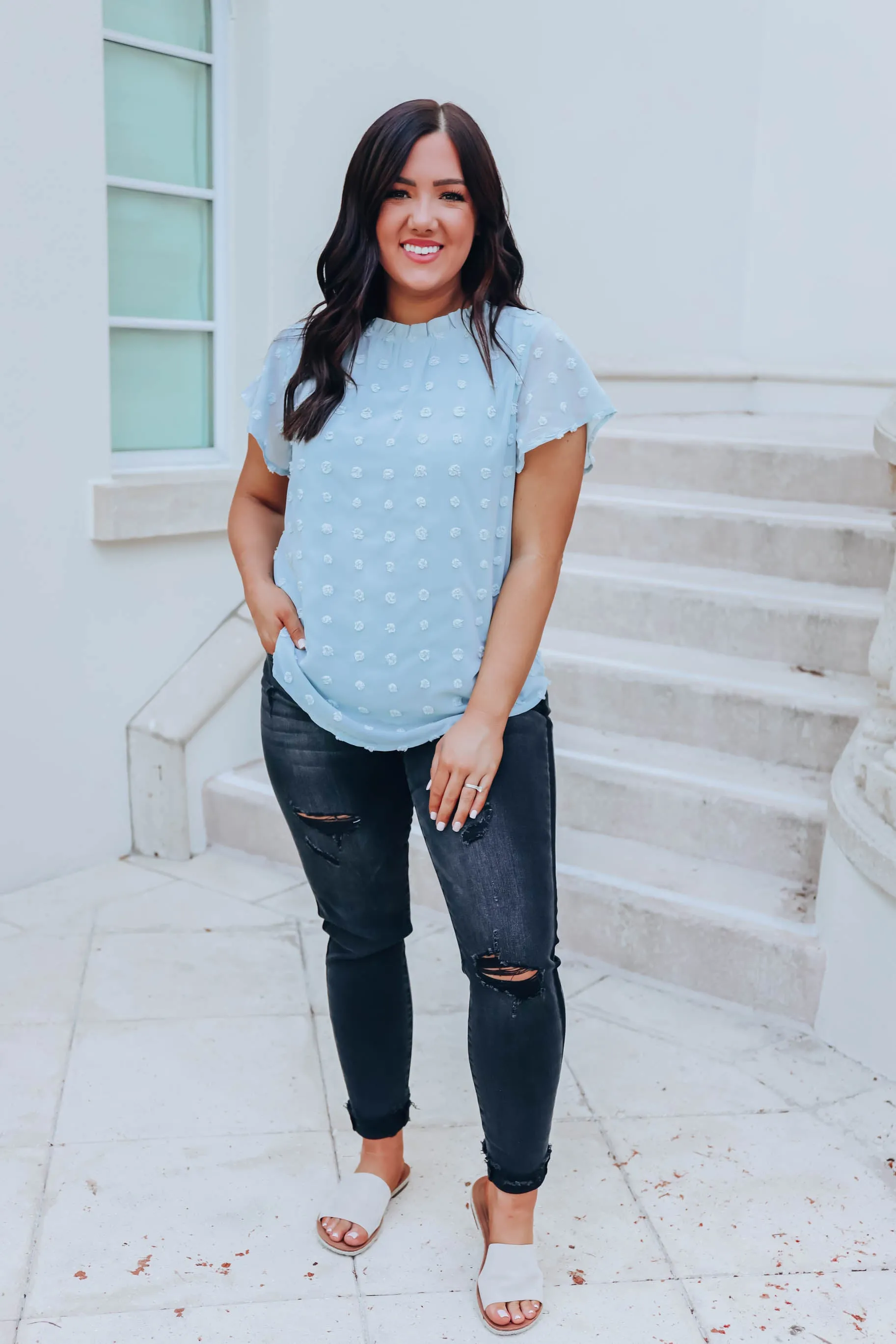 Shaylynn Swiss Dot Chiffon Blouse - Blue- FINAL SALE