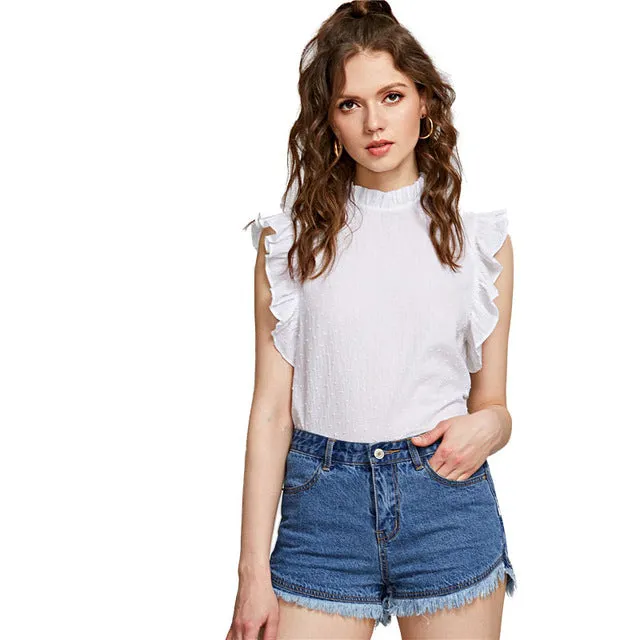 SHEIN Casual Ruffle Trim Sleeveless Dot Jacquard Top White Stand Collar Women Plain Cotton Blouse 2018 Summer Preppy Blouse