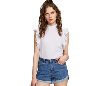 SHEIN Casual Ruffle Trim Sleeveless Dot Jacquard Top White Stand Collar Women Plain Cotton Blouse 2018 Summer Preppy Blouse