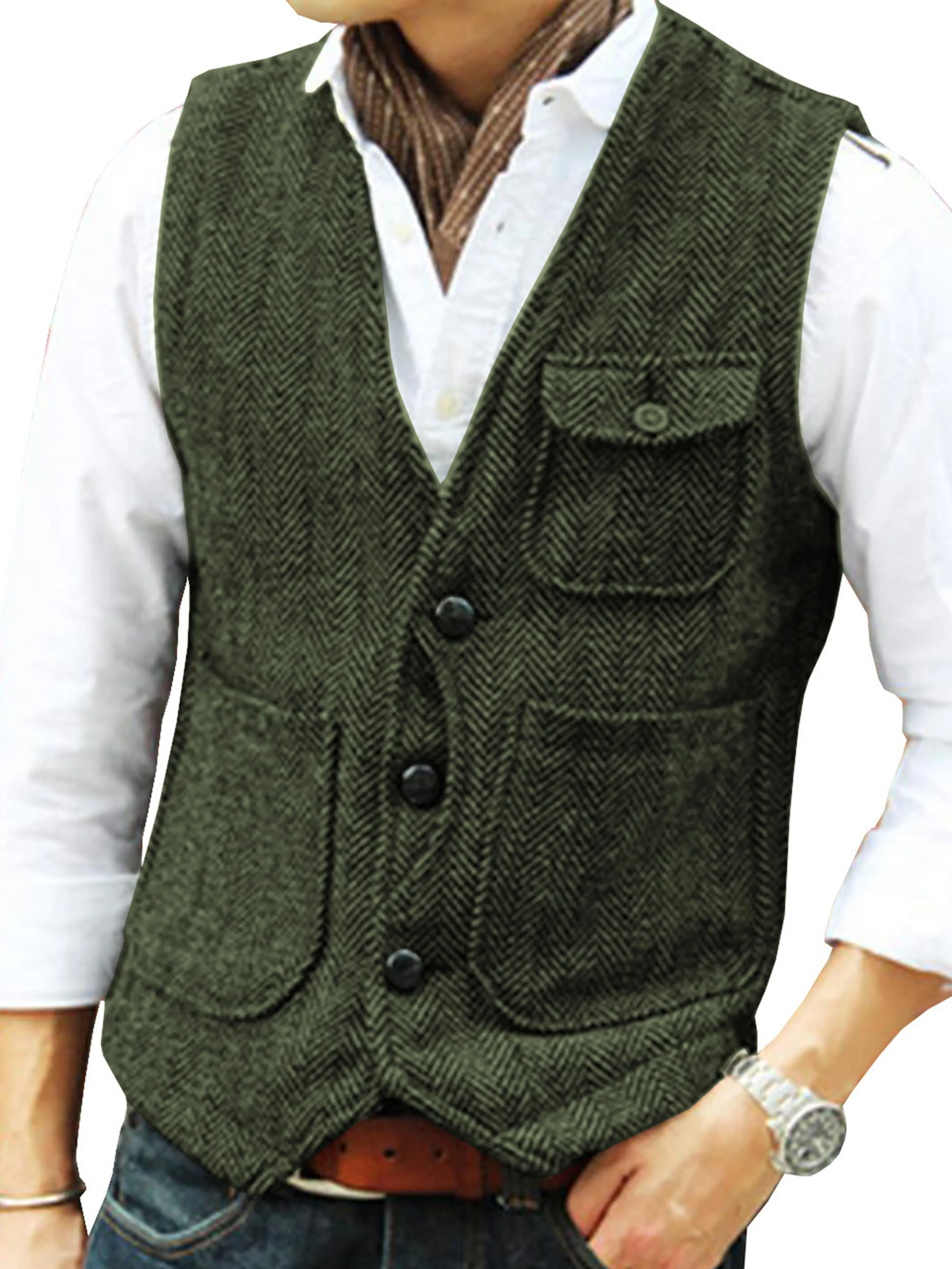 Single Breasted Tweed Suit Men's Suit V-Neck Vest