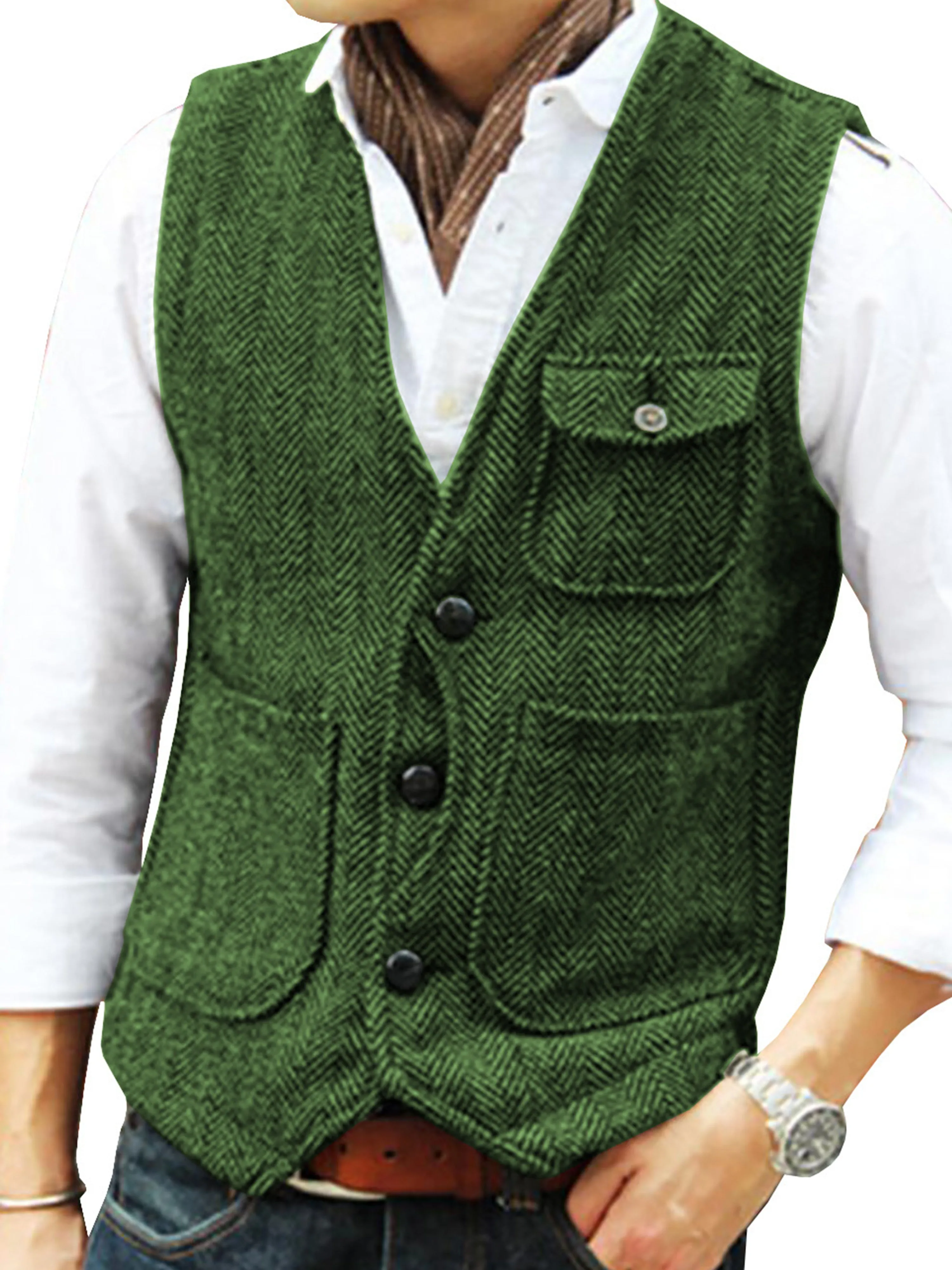 Single Breasted Tweed Suit Men's Suit V-Neck Vest