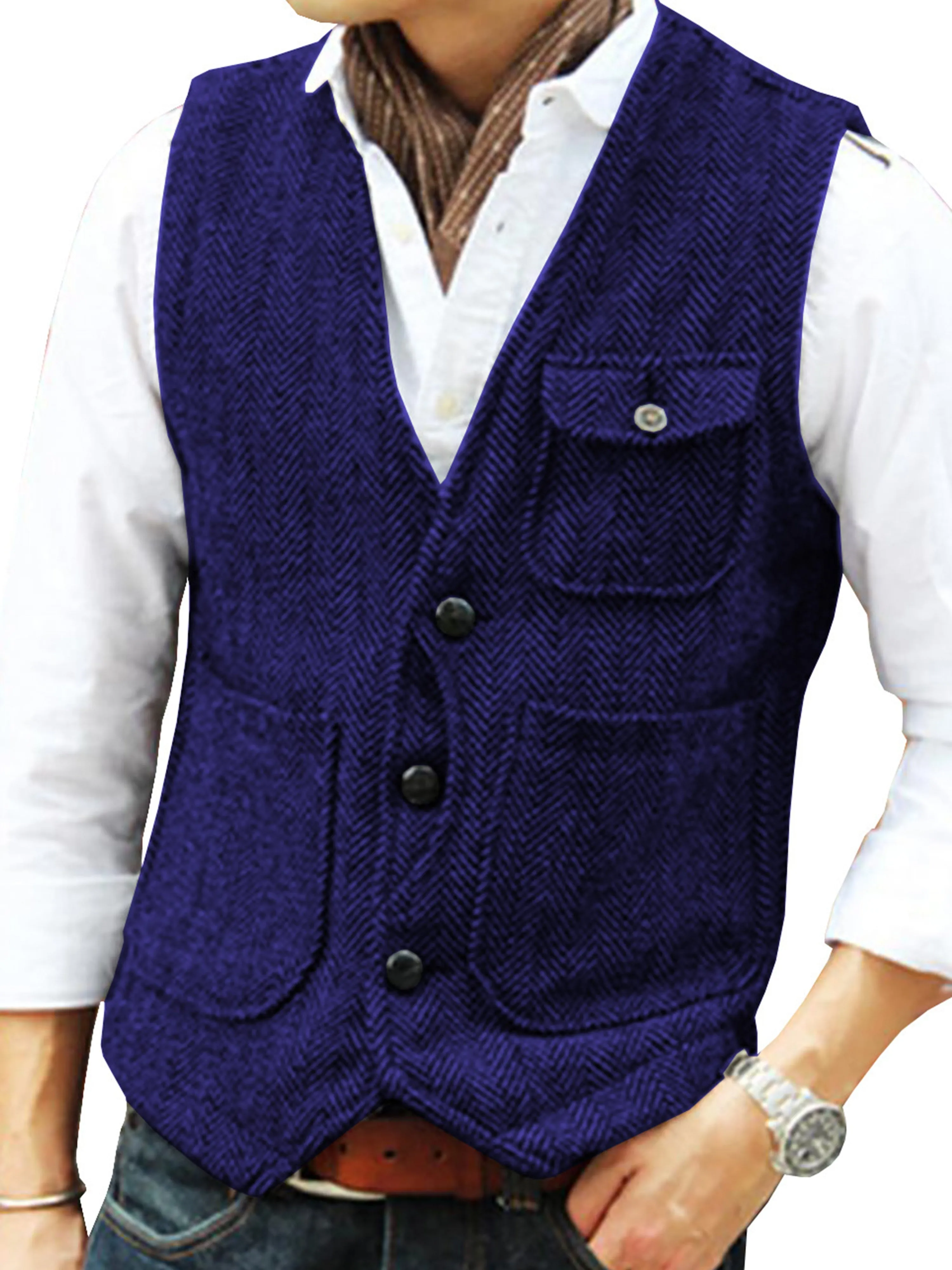 Single Breasted Tweed Suit Men's Suit V-Neck Vest