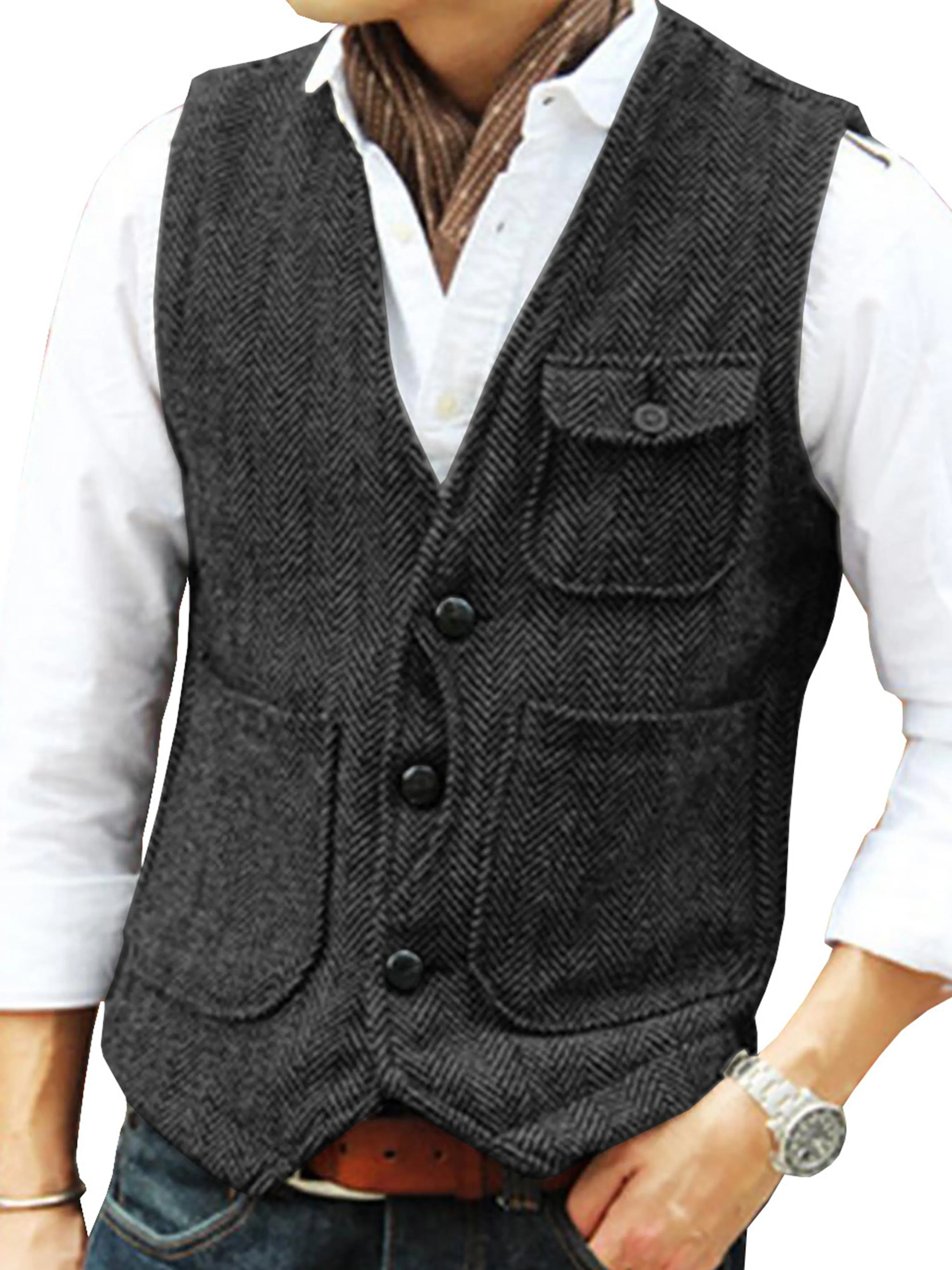 Single Breasted Tweed Suit Men's Suit V-Neck Vest