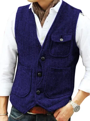 Single Breasted Tweed Suit Men's Suit V-Neck Vest