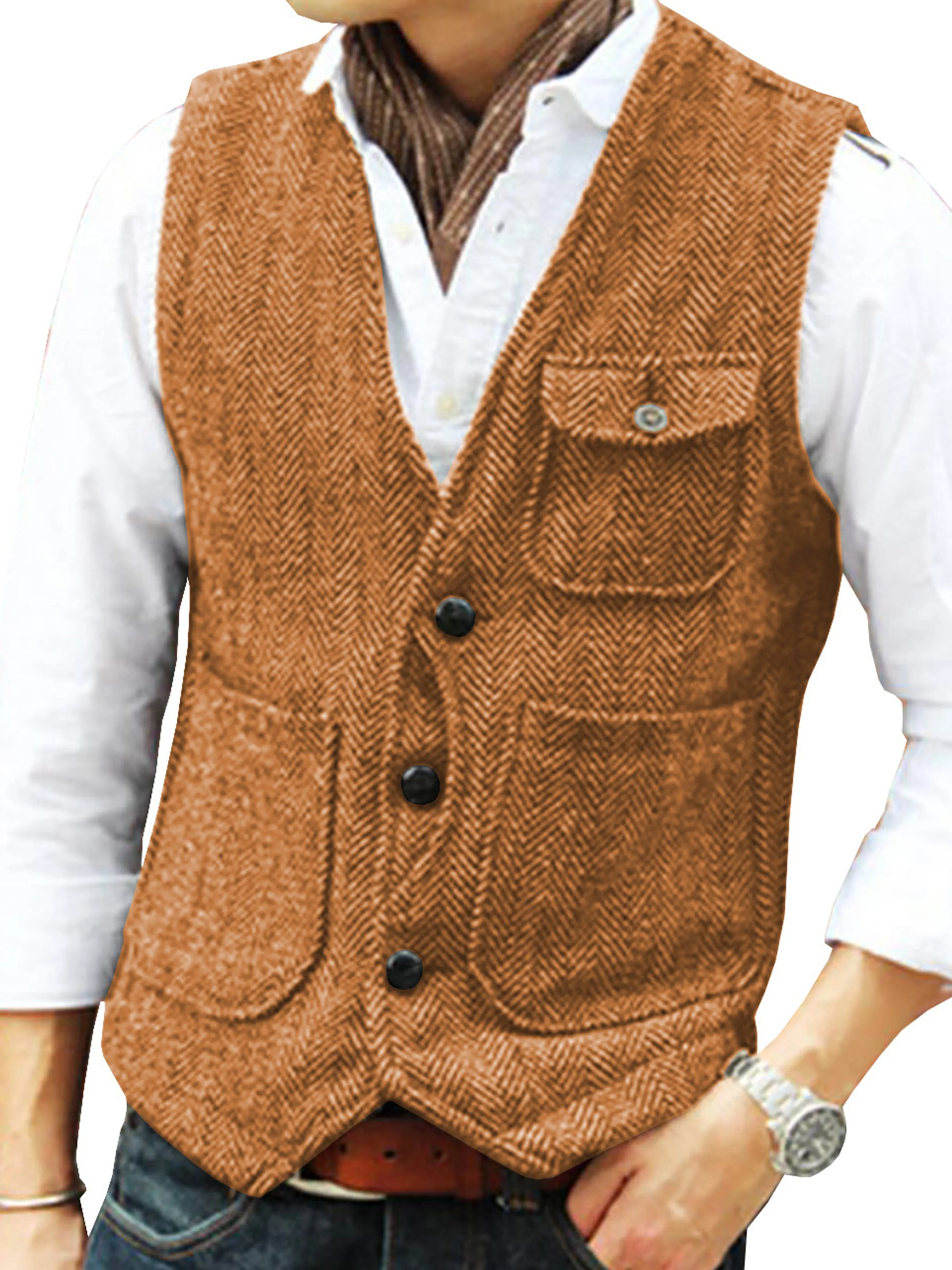 Single Breasted Tweed Suit Men's Suit V-Neck Vest