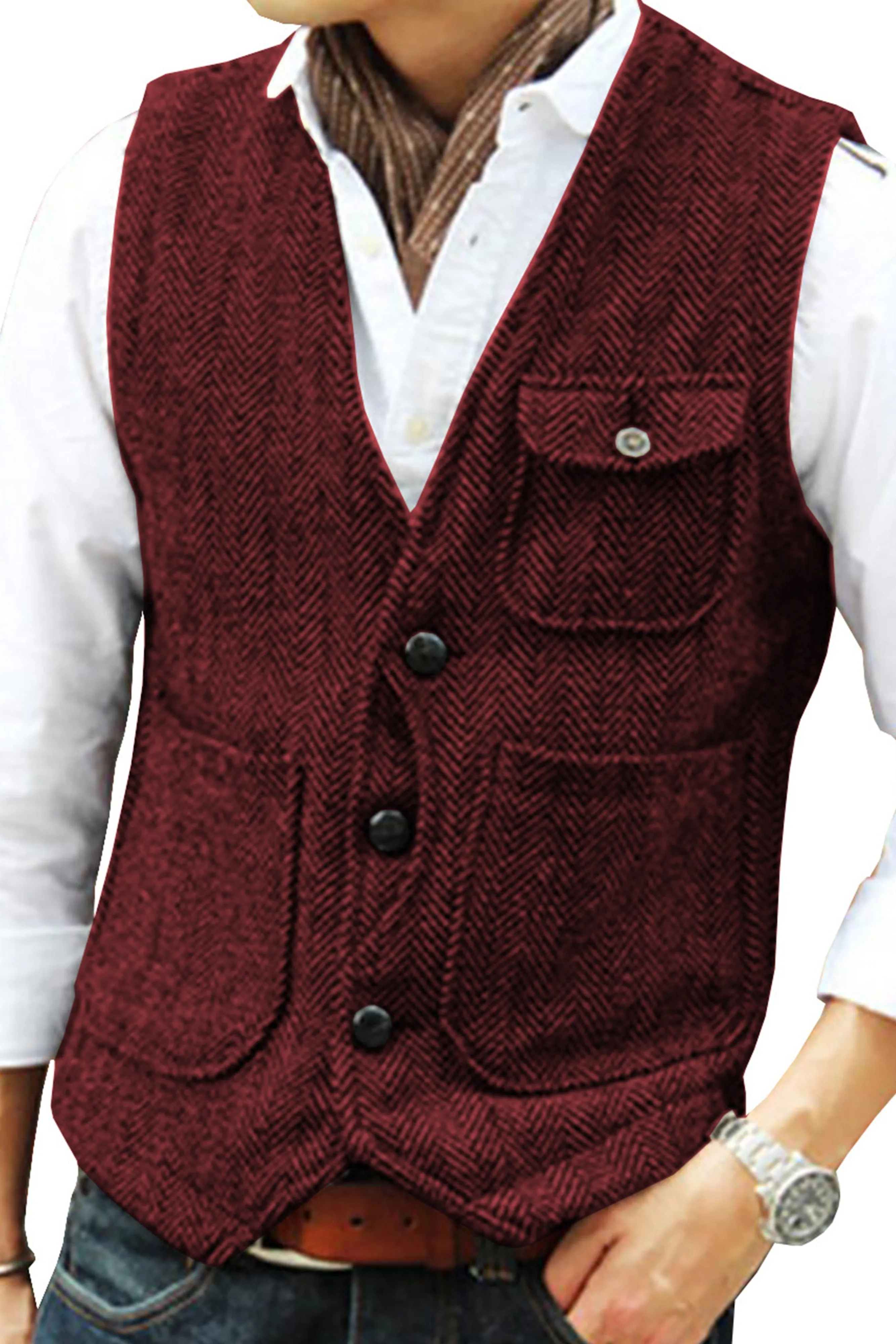 Single Breasted Tweed Suit Men's Suit V-Neck Vest