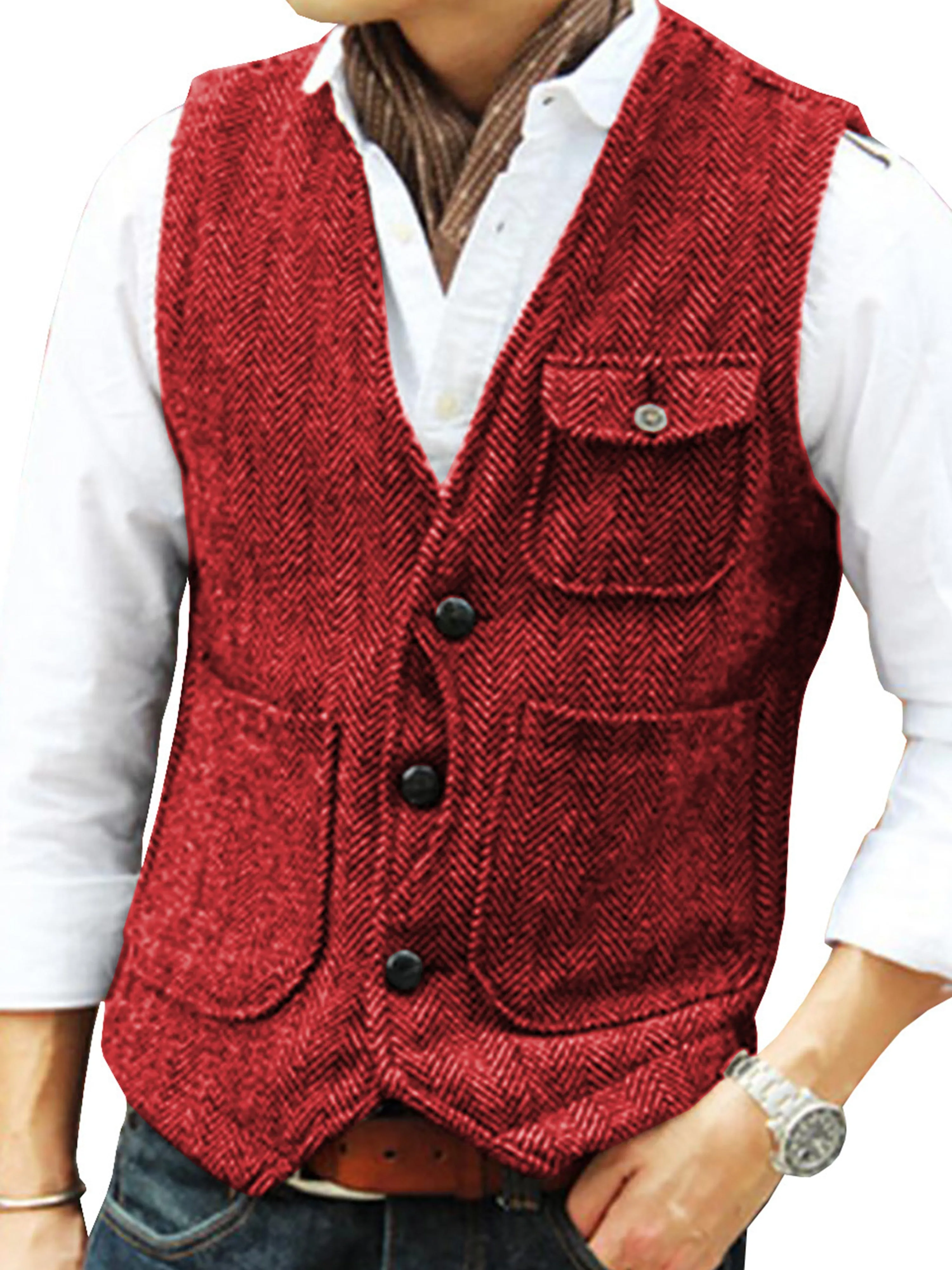 Single Breasted Tweed Suit Men's Suit V-Neck Vest