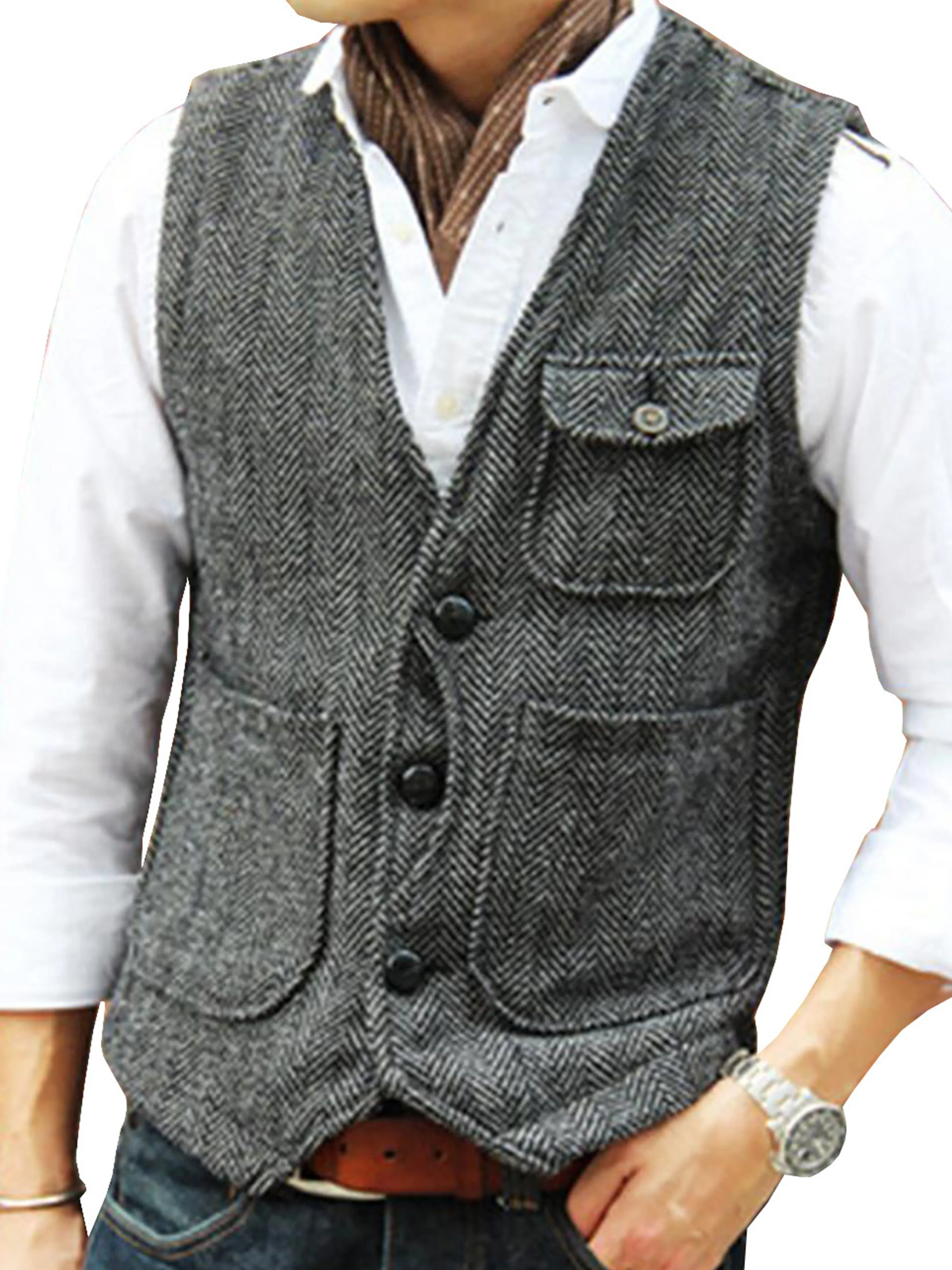 Single Breasted Tweed Suit Men's Suit V-Neck Vest