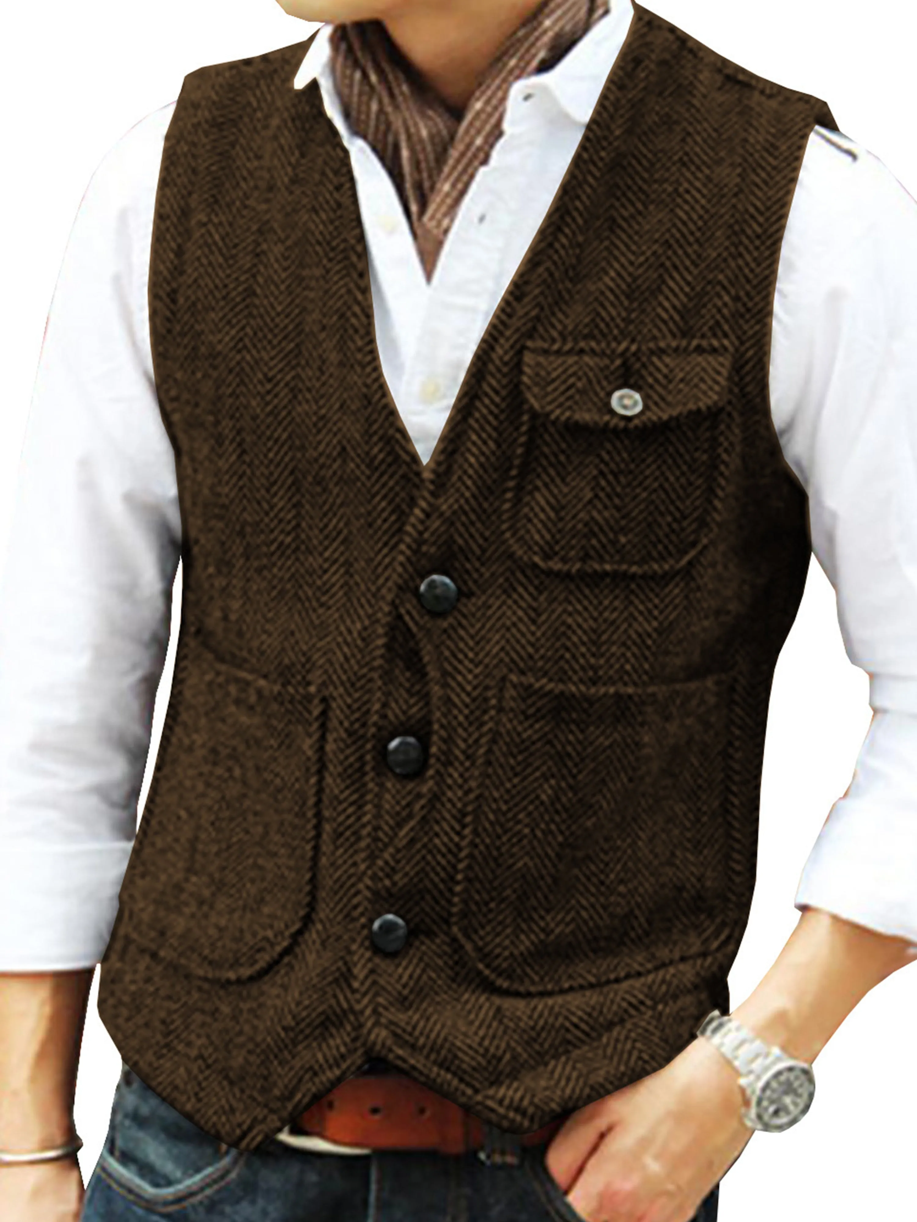 Single Breasted Tweed Suit Men's Suit V-Neck Vest