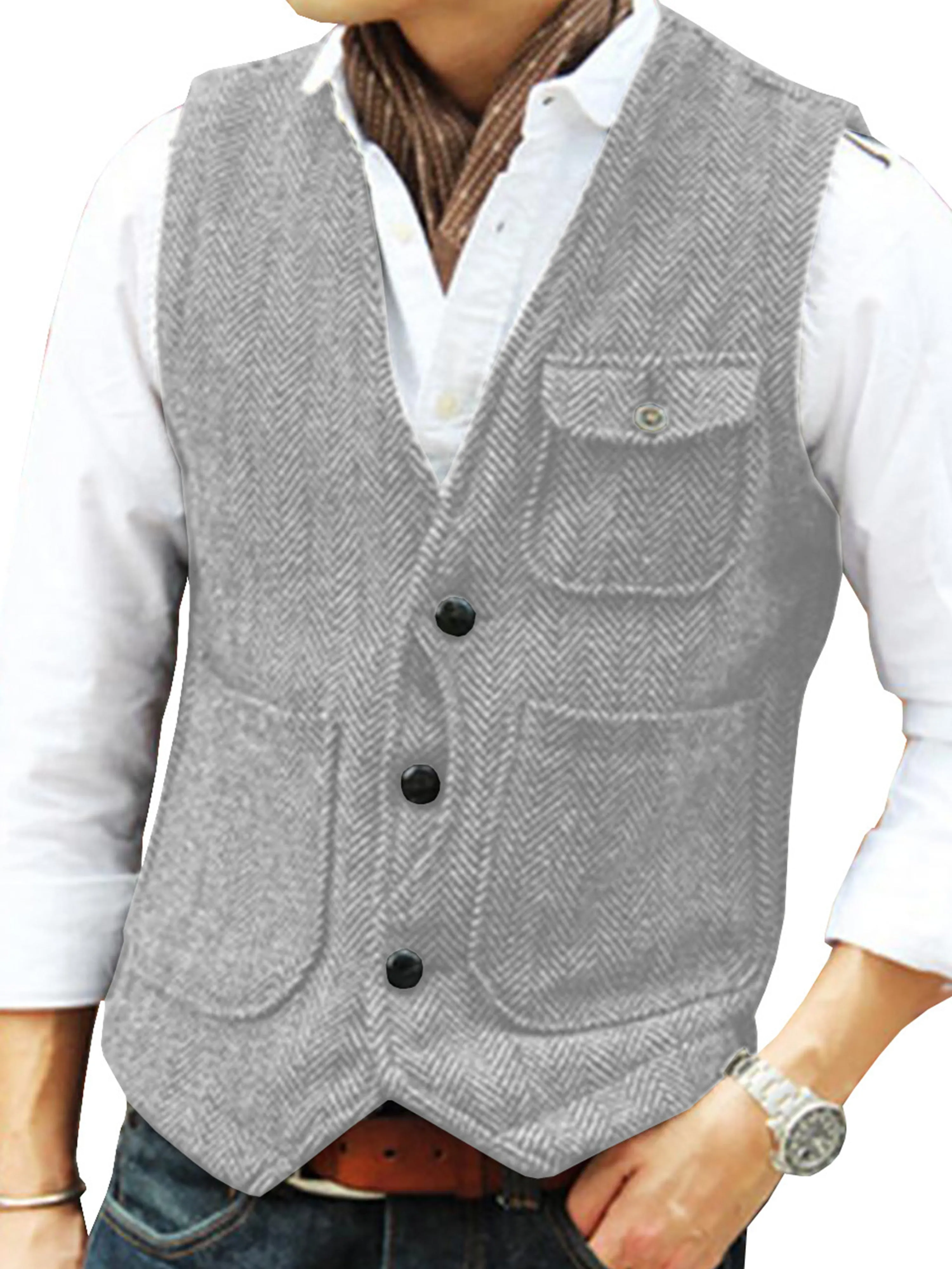 Single Breasted Tweed Suit Men's Suit V-Neck Vest