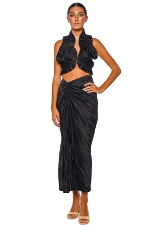 Sonoma Black Plissé Satin Midi Skirt