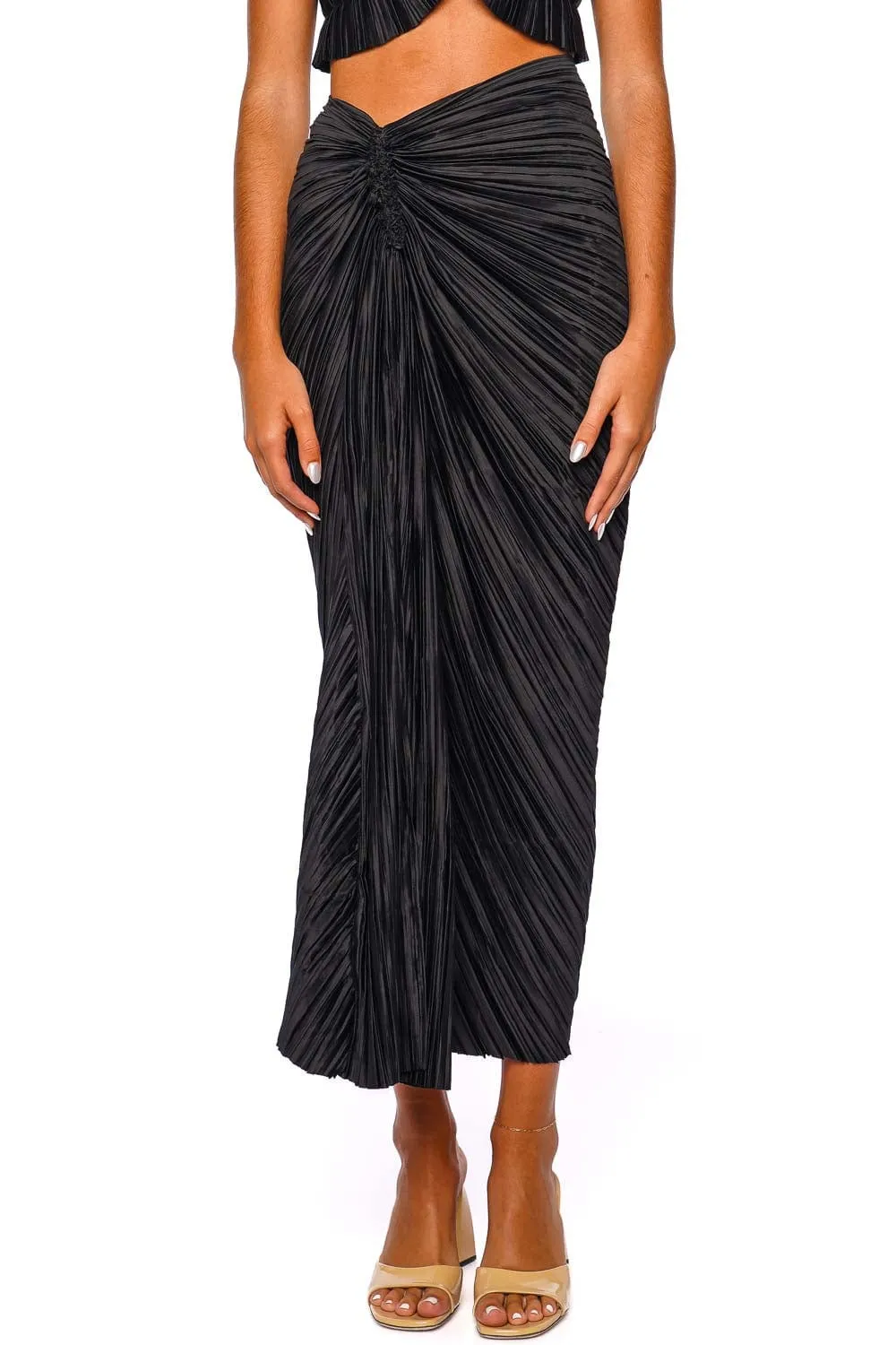 Sonoma Black Plissé Satin Midi Skirt