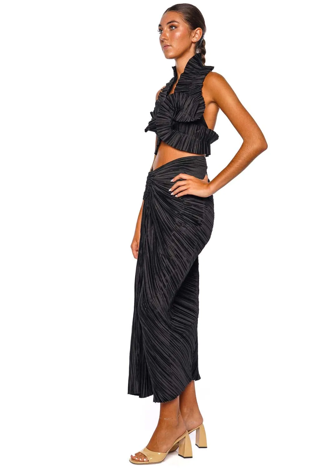 Sonoma Black Plissé Satin Midi Skirt