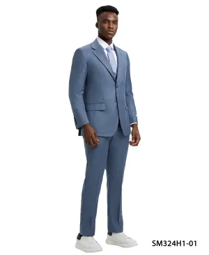 Stacy Adams 3 PC Baby Blue Textured w Double Breasted Vest Mens Suit
