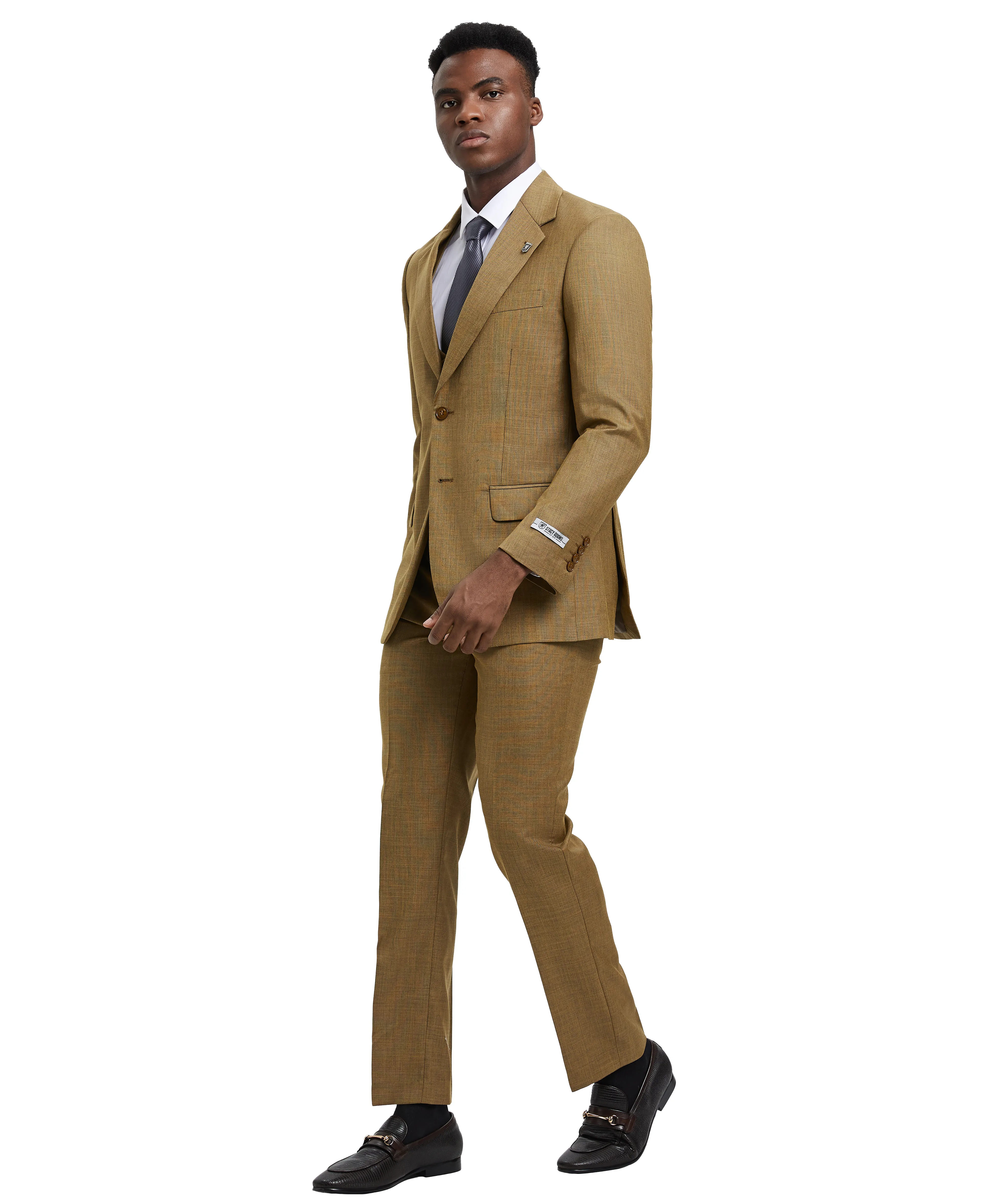 Stacy Adams 3 PC Tan Textured w Double Breasted Vest Mens Suit