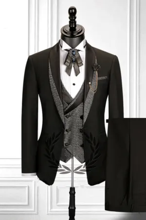 Stitching Shawl Lapel Black Three-piece Men Suit with Double Breasted Waistcoat