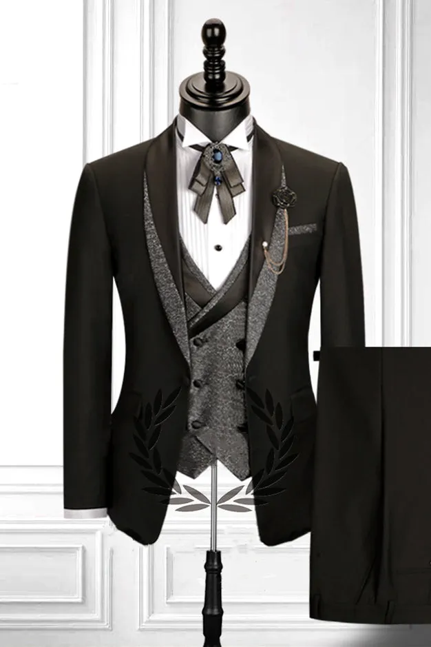 Stitching Shawl Lapel Black Three-piece Men Suit with Double Breasted Waistcoat