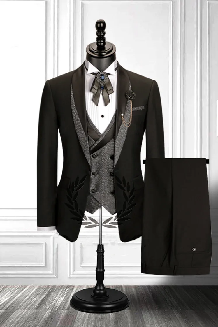 Stitching Shawl Lapel Black Three-piece Men Suit with Double Breasted Waistcoat