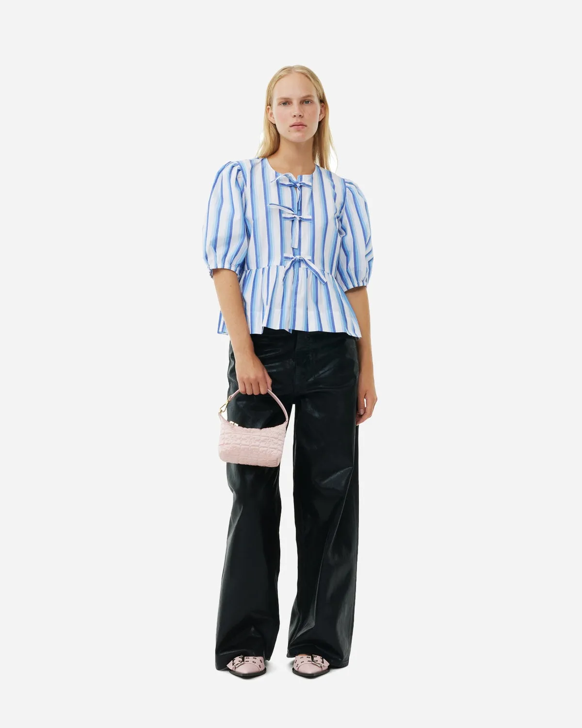 Stripe Cotton Peplum Puff Sleeve Blouse - Silver Lake Blue