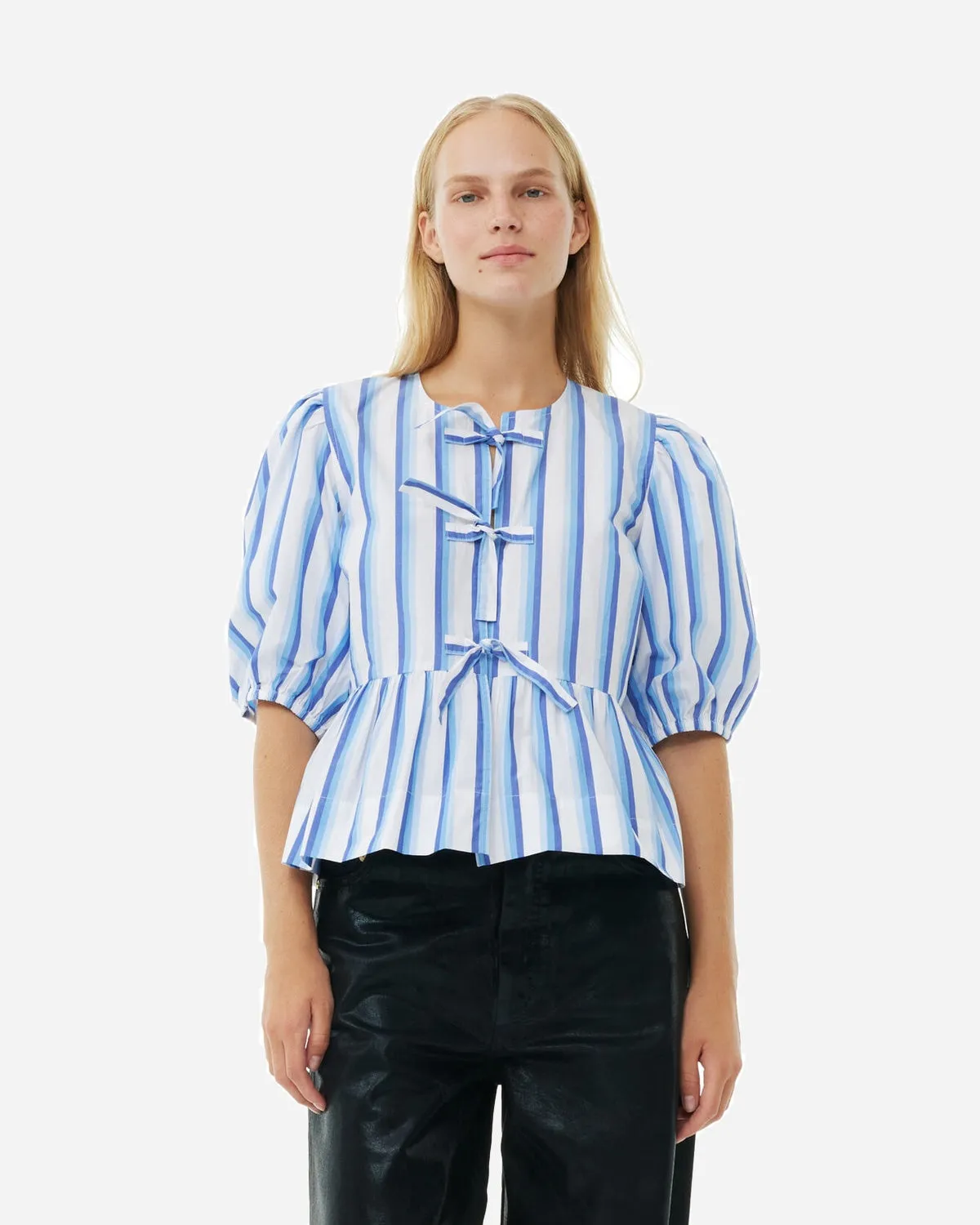 Stripe Cotton Peplum Puff Sleeve Blouse - Silver Lake Blue
