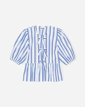 Stripe Cotton Peplum Puff Sleeve Blouse - Silver Lake Blue